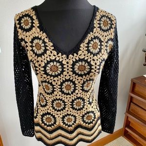 Boho vintage Crochet Patchwork Sweater - tan black brown - no tag.